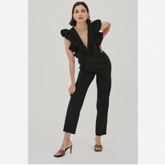 ZARA BLACK RUFFLE V-NECK SATIN WAISTLINE JUMPSUIT STYLE 8758/413/800 - S - Picture 1 of 12